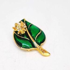 Vtg Faux Pearl Rhinestone Ladybug On Leaf Enamel Brooch Estate Bug Insect Pin